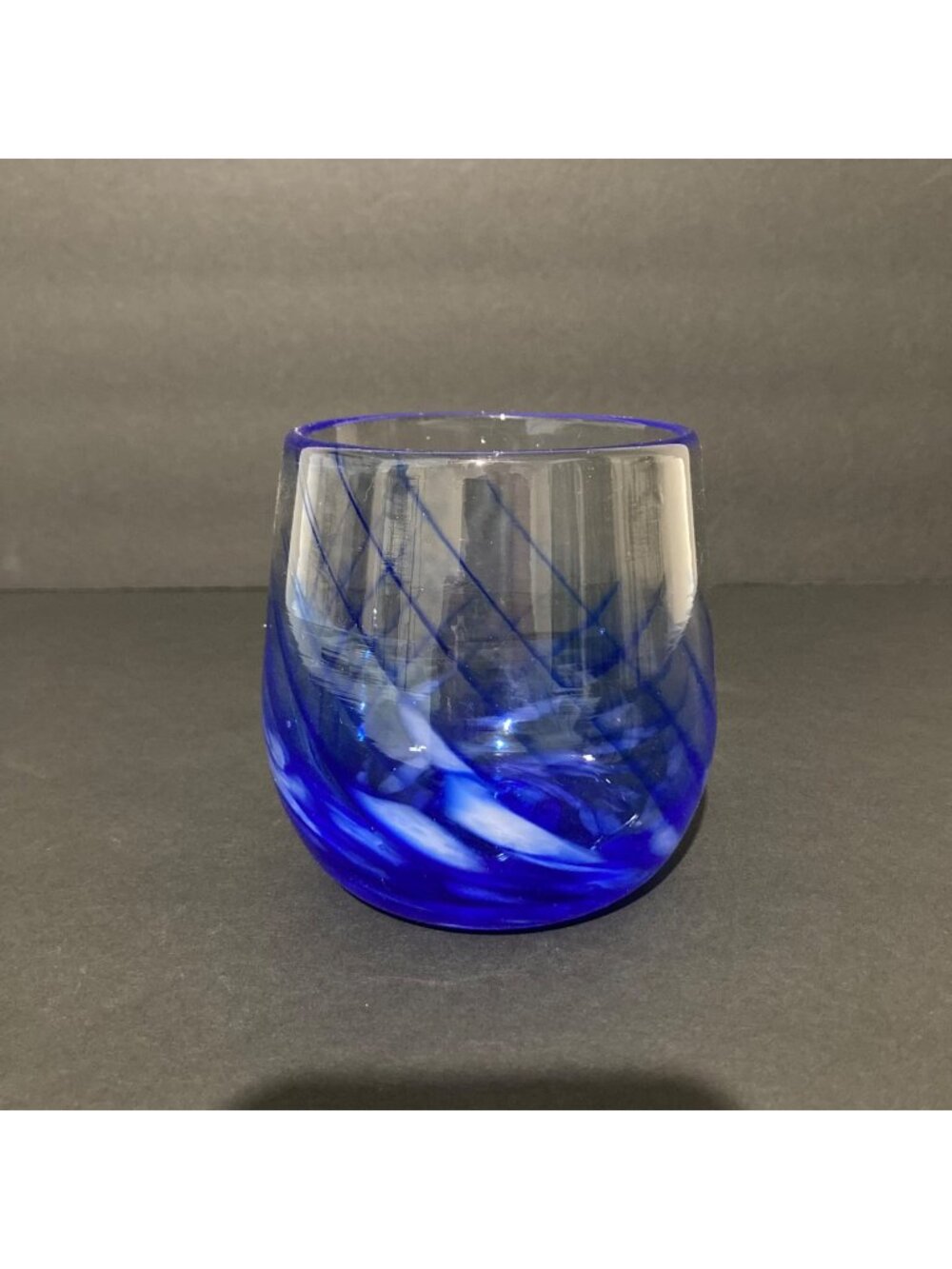 Hand Blown Glass Blue Swirl Pattern Tumbler With Octopus Or Squid Mark On Bottom